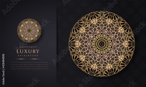 luxury ornamental mandala design background in gold color, arabesque pattern arabic islamic east style for Wedding card, Luxury ornamental mandala design