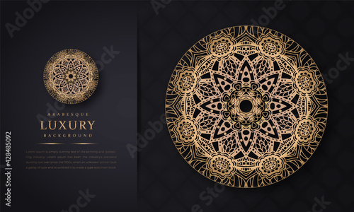 luxury ornamental mandala design background in gold color, arabesque pattern arabic islamic east style for Wedding card, Luxury ornamental mandala design background with golden arabesque