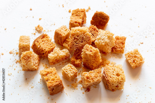 homemade rusks croutons of white crispy bread close up crackers