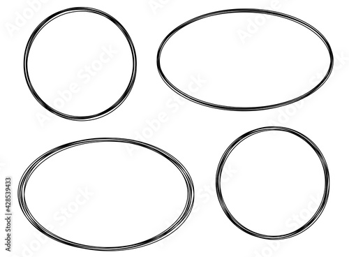 A set of four thin frames in the form of a circle and an oval. Black and white vector frame for text.