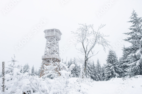 A snow-covered wooden lookout tower on top of the Czernica Mountain. Winter landscape in the Sudetes on a hiking trail.