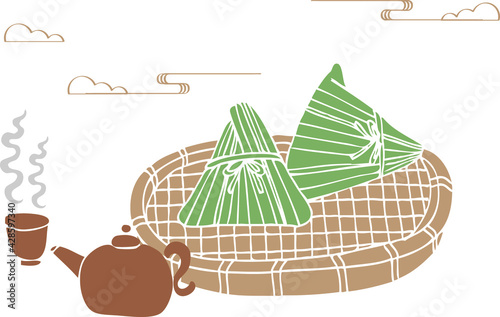 Dragon Boat Festival delicious meat dumplings and Chinese tea art painting style. Translation: Dragon Boat Festival 