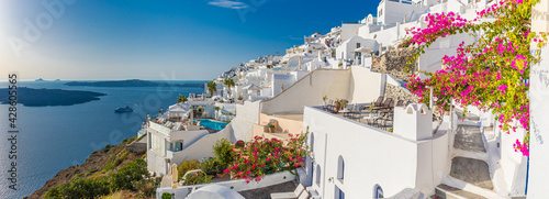 Summer vacation panorama, luxury famous Europe destination. White architecture in Santorini island, Greece. Travel landscape cityscape with pink flowers, stairs, caldera view in sunlight and blue sky