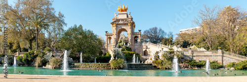 Barcelona Ciutadella park in spring with lake and ducks, panoramic image