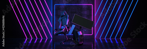 Professional gamers, game chair . Concept cyber sport arena. 3d rendering 