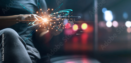 Woman using tablet, Business and social global network connection, technology digital banking and online payment on colorful night background.