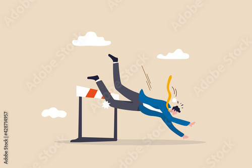 Business failure, mistake or cannot overcome difficulty or obstacle, problem or underperform employee concept, frustrated businessman loser fail to jump over hurdle and falling to the ground.