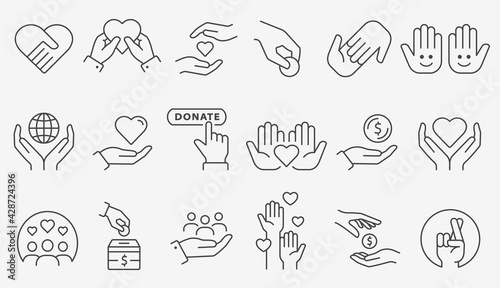 Charity icon set. Collection of donate, volunteer, care and more. Editable stroke.