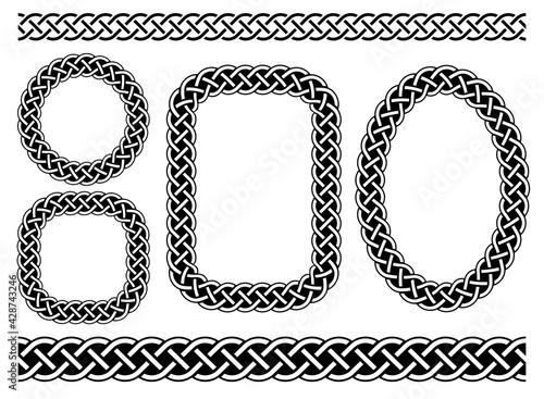 Celtic frames and borders.Traditional medieval celtic ornament for arious shapes, circle, square and lines.Black and white geometric design. Vector illustration