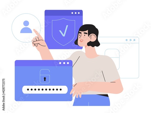 Woman register online on different devices. Registration or sign up user interface. User use secure login and password protection on website or social media account. Vector illustrations for UI, app.