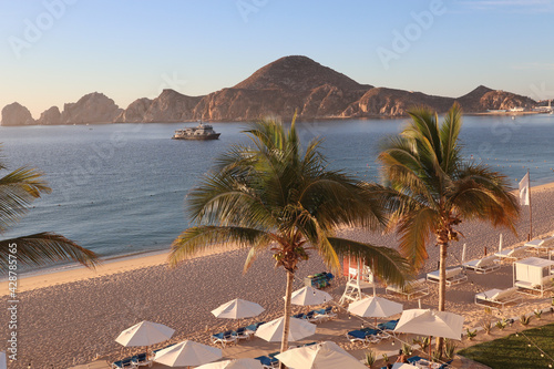 View across the bay to the cape of the bay of Sea of Cortez in Los Cabos, Cabo San Lucas, Mexico