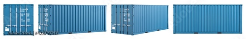 set collection of blue shipping cargo container in various different angles isolated white background. transportation ship delivery logistics and freight concept.