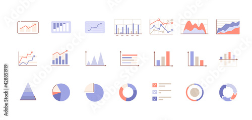 Various Business Chart and Graphics Icons Collection. Diagrams, Arrows, Histograms, Pie Charts and other Analysis and Statistic Symbols. Flat Line Cartoon Vector Illustration.