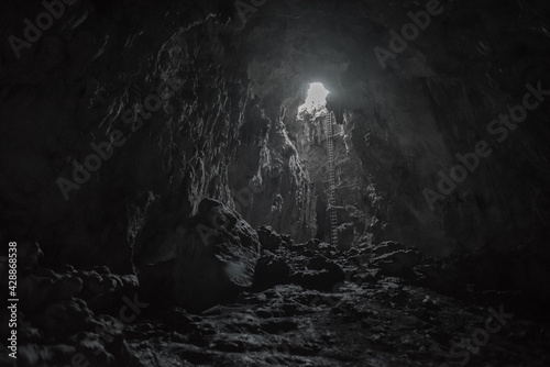a black and white image from within a cave