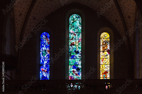 Zurich, Switzerland - April 19. 2021 : stained glass window of the Protestant church Fraumunster designed by Marc Chagall