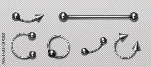 Set of piercing jewelry, metal pierce rings, barbell with balls and cones for face and body decoration. Beauty accessories, earrings isolated on transparent background, Realistic 3d vector icons