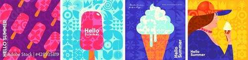 Ice cream. Summer. A set of flat vector illustrations. Summer time, background patterns on the theme of summer, vacation, weekend, beach. Perfect background for posters, cover art, flyer, banner.