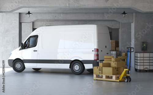A new delivery van at warehouse. Cargo loading. 3d rendering
