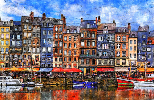 Colorful bulding and waterfront of Honfleur harbor in Normandy, France. Sketch illustration.