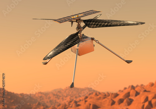 Helicopter Ingenuity explore Mars. Drone on the ground of Mars examining rocks