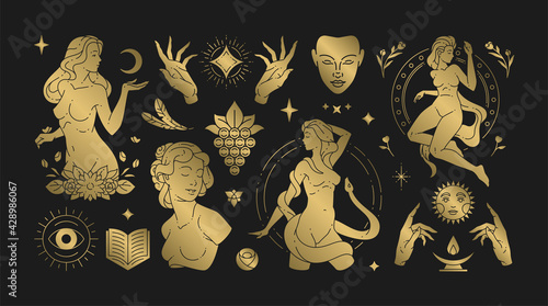 Magic woman boho vector illustrations of graceful feminine women and esoteric symbols set