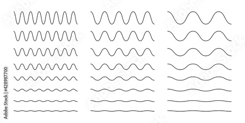 Collection of wavy or zigzag lines. Horizontal thin lines wave. Dotted line. Big set black color. Vector illustration.