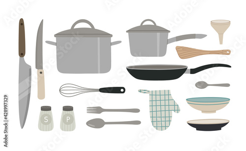 Vector illustration of kitchen utensils. Knife, pan, salt, and pepper shaker, frying pan, whisk, plate, spoon, and fork, spatula. Concept of cooking and healthy eating. Hand-drawn set in flat style.