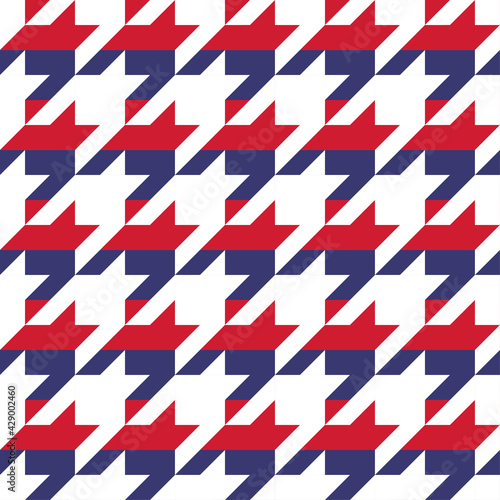 Hundstooth pattern design in USA colors - funny drawing seamless ocelot pattern. Poster or t-shirt textile graphic design. wallpaper, wrapping paper. Happy Independence Day. Red, white and blue