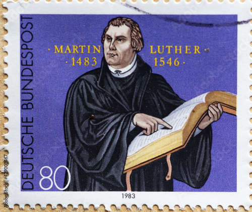 GERMANY - CIRCA 1983 : a postage stamp from Germany, showing a portrait of the reformer and theologian Martin Luther on his 500th birthday