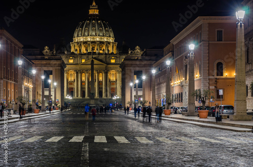 Rome Italy, night view at St Peter's Basilica, one of the largest churches in the world located in Vatican city.