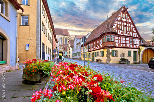 Idyllic Germany. Cobbled street in medieval German town of Rothenburg ob der Tauber view