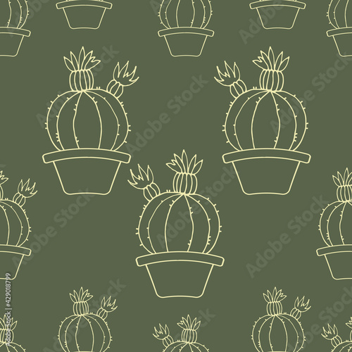 Background with cactus. Seamless pattern. Cactus in a pot. Vector. Green Wallpaper. Swamp color. Khaki.