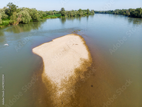 Aerial photo of gravel bars on the Drava River