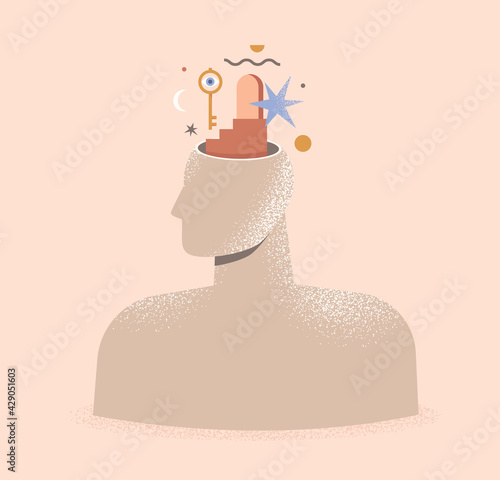 Mental health, psychology, philosophy concept. Abstract illustration of a human head with door and key. Therapy, psychotherapy. Idea of thinking, mind, mental wellness. Isolated vector illustration