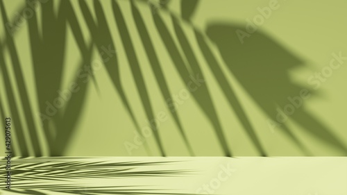 3d render, simple abstract green background illuminated with bright sunlight, with palm leaf shadow. Modern minimal showcase scene for product presentation