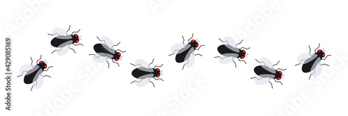 Fly insect icon set. Small flies line way. Vector isolated on white background.