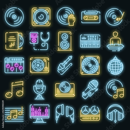 Dj icons set. Outline set of dj vector icons neon color on white