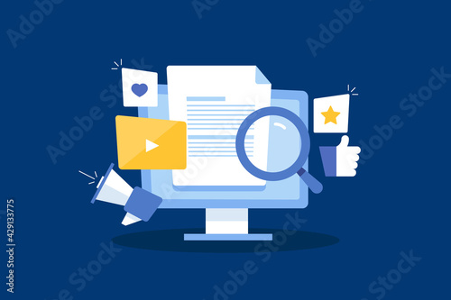 Content creation and content marketing. Video content on social media channel, seo content for search engine optimization, online content promotion concept.