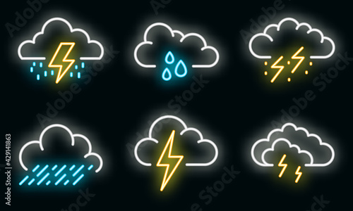 Thunderstorm icons set. Outline set of thunderstorm vector icons neon color on black