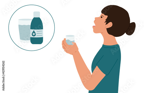 The girl rinses her mouth with an antibacterial mouthwash. Medical vector illustration.