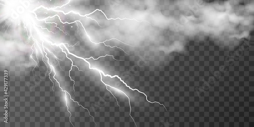 Vector image of realistic lightning. Flash of thunder on a transparent background.