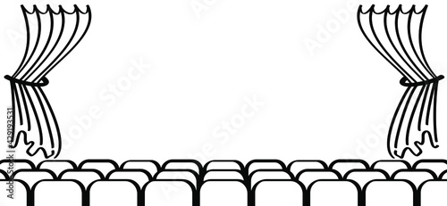 Theater stage with a curtain. Entertainment, Festival, theatre or cinema banner. Rows of cinema or theater seats. empty movie theater auditorium. Flat vector