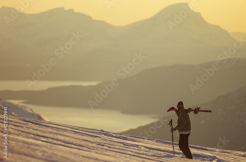 A skier ski touring in northern Norway, Scandinavia