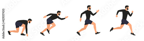 Hombre corriendo. Conjunto de persona, atleta, hombre corriendo en diferentes posiciones. Concepto de deporte. Ilustración vectorial