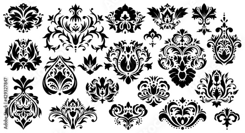 Damask floral ornament. Vintage rococo ornaments, baroque figured decorative elements vector illustration set. Abstract damask antique patterns
