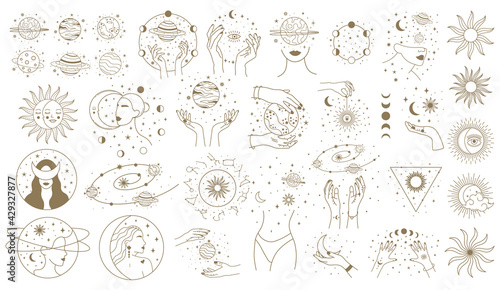 Mystical astrology elements. Magical space objects, planets, stars with female hands and faces vector illustration set. Minimalist woman cosmic objects