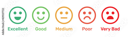 Satisfaction rating. Feedback scale with emoticon faces, bad to good user experience vector illustration.