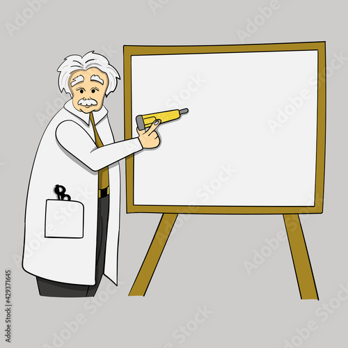 Scientist professor holding a marker or a pen and standing near a board. Cartoon style vector illustration.