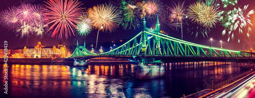 Fireworks near Liberty bridge in Budapest. Hungary 