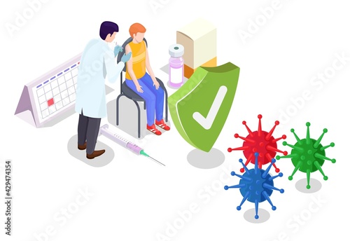 Covid coronavirus vaccination concept vector illustration isometric style. Covid-19 vaccine. Doctor makes an injection of flu vaccine to kid in hospital. People immunity and virus protection